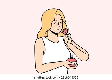 Smiling Young Woman Smelling Perfume. Happy Girl With Bottle Enjoy Good Smell. Aromatherapy And Beauty Concept. Vector Illustration. 