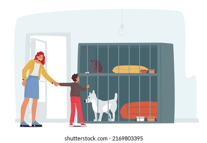 Smiling Young Woman with Son Adopting Pet from Animal Pound, Rehabilitation or Adoption Center for Stray and Homeless Dogs. Mom with Little Boy Visiting Shelter. Cartoon People Vector Illustration