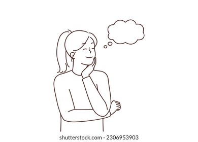 Joven sonriente con burbuja de habla por encima del pensamiento de la cabeza o haciendo planes. Una chica feliz sueña o visualiza. Sodomía y visualización diurna. Ilustración vectorial. 