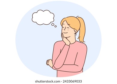 Smiling young woman with speech bubble above head thinking or making plans. Happy girl dream or visualize. Daydreaming and visualization. Vector illustration.