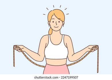 Smiling young woman in sportswear with measuring tape check measure waist. Happy toned female take care of body figure do sports and diet. Vector illustration. 