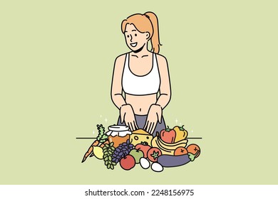 Smiling young woman in sportswear recommend healthy eating. Happy girl show organic products give diet recommendation. Nutrition. Vector illustration. 