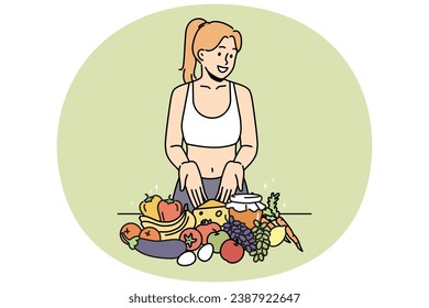 Smiling young woman in sportswear recommend healthy eating. Happy girl show organic products give diet recommendation. Nutrition. Vector illustration.