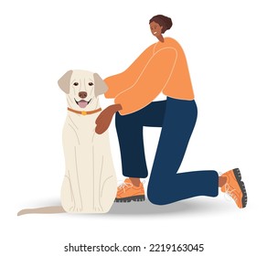 Smiling young woman squats, hugs her dog. Girl wearing comfortable casual clothes. Caring and caring for pets. Dog Labrador sits nearby. Colored flat cartoon vector illustration isolated on white