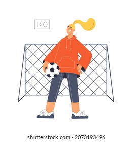 Smiling young woman standing with soccer ball in front of goal net. Winning sport character pose. Flat colorful vector illustration.