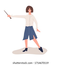 Smiling young woman standing with stick and pointing flat illustration. Young wizard with magic stick modern colorful vector concept.