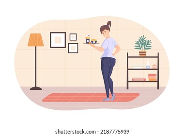 Smiling Young Woman Standing With Tray Of Junk Food. Happy Chubby Girl Standing In Modern Comfortable Room Interior. Woman Prefers To Eat Fast Food, Unhealthy Nutrition Flat Vector