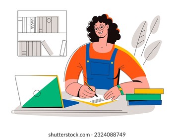 Smiling young woman studying with books and laptop. A student prepares for a test exam, writes an essay, does homework, takes notes. Education concept. Flat vector isolated.