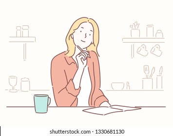 Smiling young woman studying at the table on a kitchen at home Hand drawn style vector design illustrations.