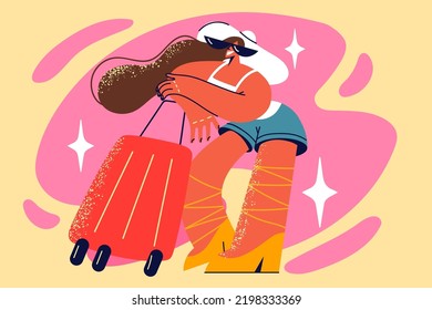 Joven sonriente con maleta emocionada por las vacaciones de verano. Feliz mujer con equipaje listo para las vacaciones de verano. Viajes y turismo. Ilustración vectorial. 