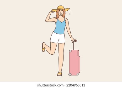 Smiling young woman with suitcase excited about summer travel. Happy girl with baggage ready for travel. Summertime tourism concept. Vector illustration. 