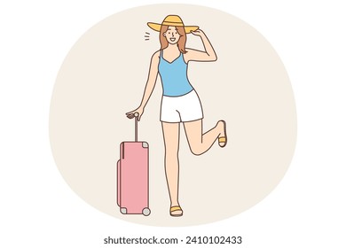 Smiling young woman with suitcase excited about summer travel. Happy girl with baggage ready for travel. Summertime tourism concept. Vector illustration.