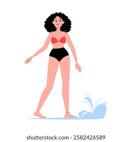 Smiling Young Woman In Swimsuit By The Water In Flat Vector Illustration Symbolizing Summer, Beachwear, And Relaxation, Isolated On White Background