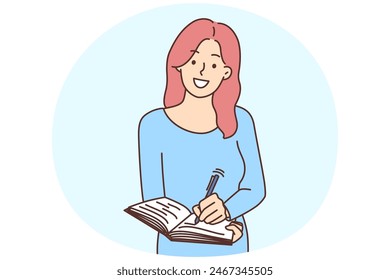 Smiling young woman take notes in notebook. Happy female writer or journalist writing in notepad. Making list or planning. Vector illustration.