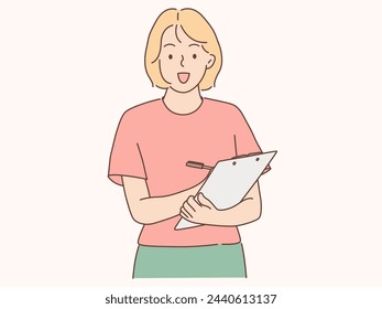 Smiling young woman taking notes. The secretary wrote down the assignment on a notepad. businesswoman with planner.Hand drawn style vector design illustrations.