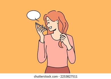 Smiling young woman talk on modern cellphone on loudspeaker. Happy girl have conversation on smartphone on speaker. Vector illustration. 