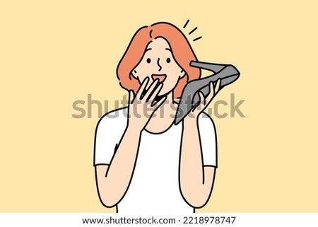 Smiling young woman talk on heel hear shocked unbelievable news. Happy girl speak on hoe as on phone surprised with unexpected message. Vector illustration. 