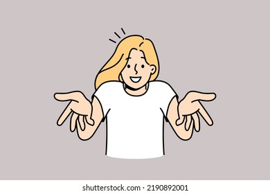 Smiling young woman talking with camera. Happy millennial girl feel joyful and uplifted making hands gestures. Vector illustration. 