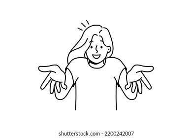 Smiling young woman talking with camera. Happy millennial girl feel joyful and uplifted making hands gestures. Vector illustration. 