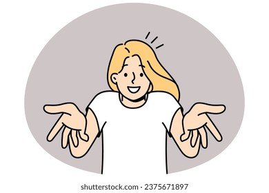 Smiling young woman talking with camera. Happy millennial girl feel joyful and uplifted making hands gestures. Vector illustration.
