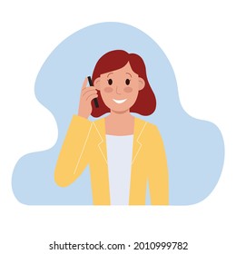 Smiling young woman talking on smart phone. Vector illustration in cartoon flat style on blue background