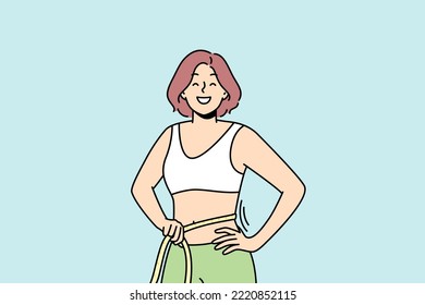 Smiling young woman with tape on waist excited with diet and sport results. Happy think female show thin slim body. Weight loss concept. Vector illustration. 