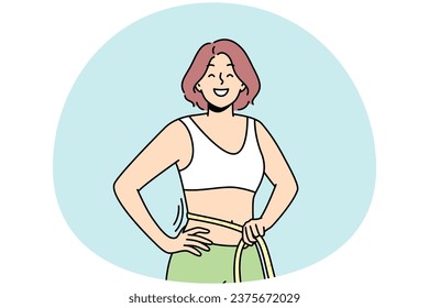 Smiling young woman with tape on waist excited with diet and sport results. Happy think female show thin slim body. Weight loss concept. Vector illustration.