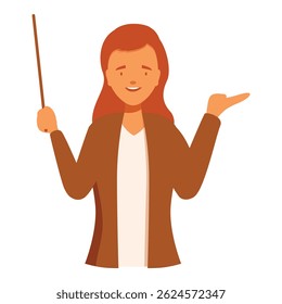 Smiling young woman teacher is holding a pointer in one hand and gesturing with the other hand