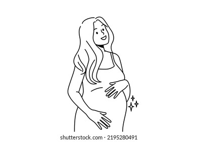 Smiling young woman touching belly excited with pregnancy. Happy pregnant female hold hands caress abdomen. Motherhood concept. Vector illustration. 