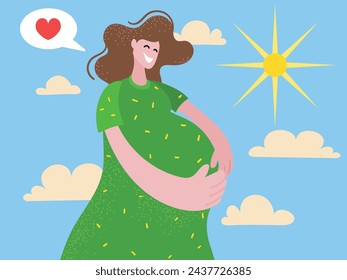 Smiling young woman touching belly excited with pregnancy against blue sku and sun. Happy pregnant female hold hands caress abdomen. Motherhood concept. Vector illustration.