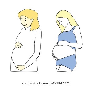 Smiling young woman touching belly excited with pregnancy. Happy pregnant female hold hands caress abdomen. Motherhood concept. Vector illustration.