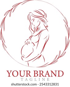 Smiling young woman touching belly excited with pregnancy Happy pregnant female hold hands caress abdomen Motherhood concept Vector illustration logo.