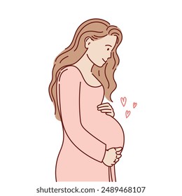 Smiling young woman touching her belly.  Motherhood concept. Vector illustration.