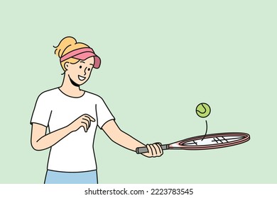 Smiling young woman in uniform playing badminton. Happy girl with racket and ball enjoy match outdoors. Sport and hobby. Vector illustration. 