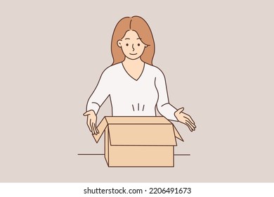 Smiling young woman unpack carton box with order. Happy female client or customer open cardboard box with online purchase. Vector illustration. 