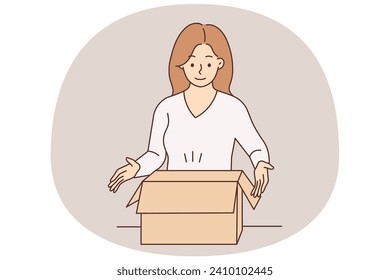 Smiling young woman unpack carton box with order. Happy female client or customer open cardboard box with online purchase. Vector illustration.