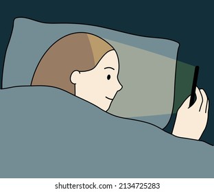 Smiling young woman using mobile phone lying in bed at night. Insomnia, social media, internet addiction, lifestyle concepts. Hand drawn cartoon character design vector illustrations.