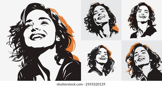 Smiling Young Woman Vector Set Stylish Female Portrait Illustrations for Digital Art and Design
