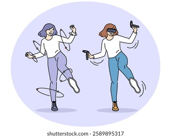 Smiling young woman in VR glasses have fun enjoying modern simulation. Happy girl in virtual reality goggles party as avatar in metaverse. Technology. Vector illustration.