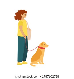 Smiling Young Woman Walk Her Dog, Illustration For A Pet Store Or Dog Kennel