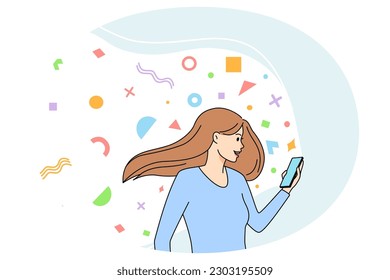 Smiling young woman walking with cellphone work distant from gadget. Happy female use smartphone for telework, enjoy mobility and accessibility on device. Remote job. Vector illustration.