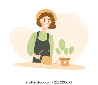 Smiling young woman is watering house plant. Cute flat cartoon character. Vector illustration isolated on white background