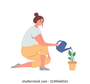 Smiling young woman watering plant in pot. Vector flat illustration. Joyful girl making gardening job isolated on white. Happy female with watering can taking care to growing flower