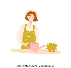 Smiling young woman watering plant pot. Hand drawn flat cartoon vector character isolated on white background. Female gardener in apron. Gardening and plant lover concept