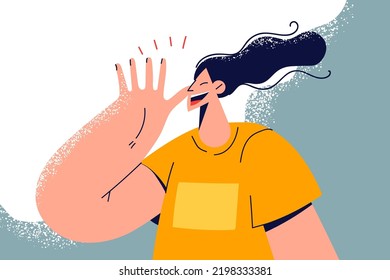 Joven sonriente saludando con la cabeza. Chica feliz hace gesto de mano hablando con alguien. Ilustración vectorial. 