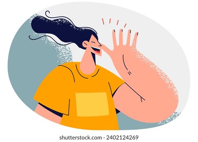 Joven sonriente saludando con la cabeza. Chica feliz hace gesto de mano hablando con alguien. Ilustración vectorial.