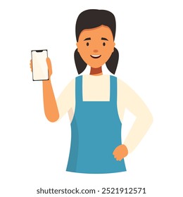 Smiling young woman wearing blue apron showing smartphone with empty screen