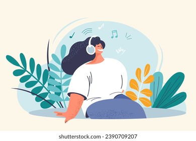 Smiling young woman wearing headphones. Happy girl listens to music, audiobook, podcast, lesson. Against background botanical composition. Vector flat illustration