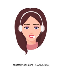 Smiling young woman wearing headset. Friendly hotline operator, support center worker answer calls. Female cartoon character