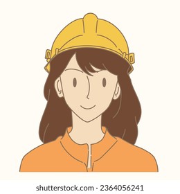 Joven sonriente usando casco amarillo de seguridad y uniforme naranja. Dibujo manual de caricaturas planas ilustraciones vectoriales.